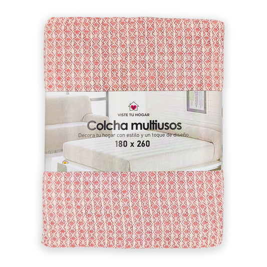 Colcha Multiuso 85%Algodón Reciclado 15% Poliéster Diseño Cuadritos  Rosa
