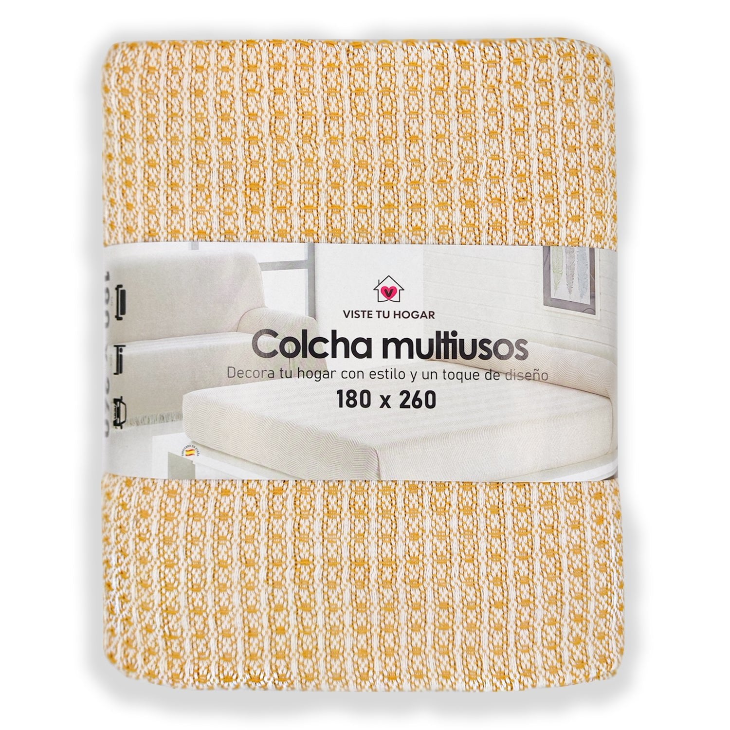 Colcha Multiuso 85% Algodón Reciclado 15% Poliéster Diseño Cuadritos Amarillo - VISTE TU HOGAR ONLINE