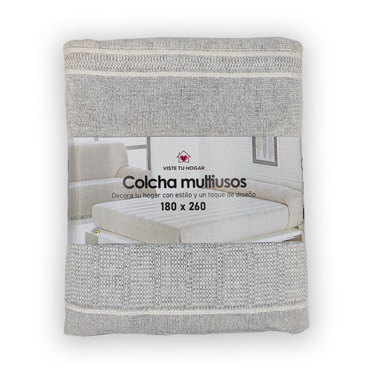 Colcha Multiuso 85%Algodón Reciclado 15% Poliéster Diseño Rayas Gris Liso - VISTE TU HOGAR ONLINE