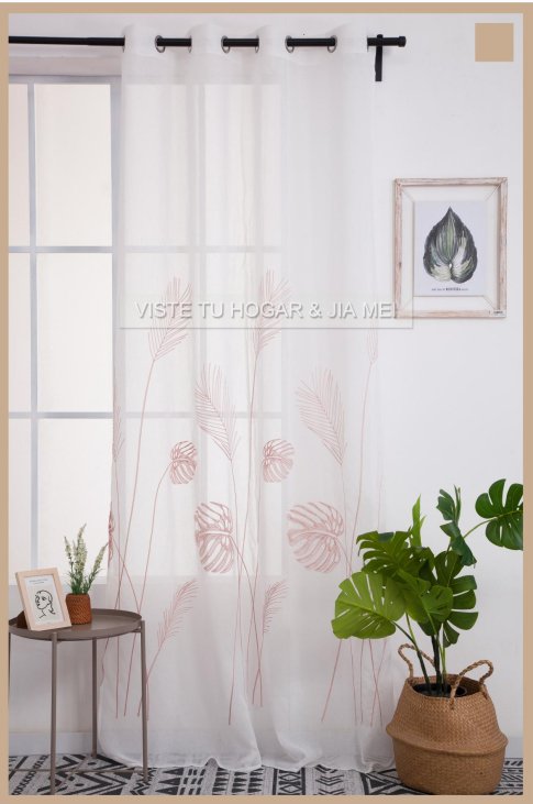 Cortina De Visillo Transparente Con Bordado De Hoja Monstera Poliéster 150x260cm - VISTE TU HOGAR ONLINE