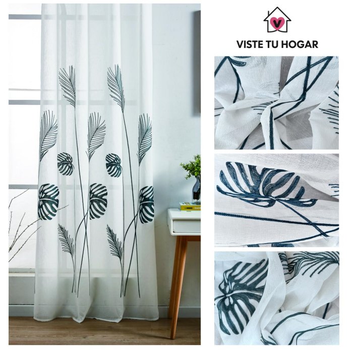 Cortina De Visillo Transparente Con Bordado De Hoja Monstera Poliéster 150x260cm - VISTE TU HOGAR ONLINE